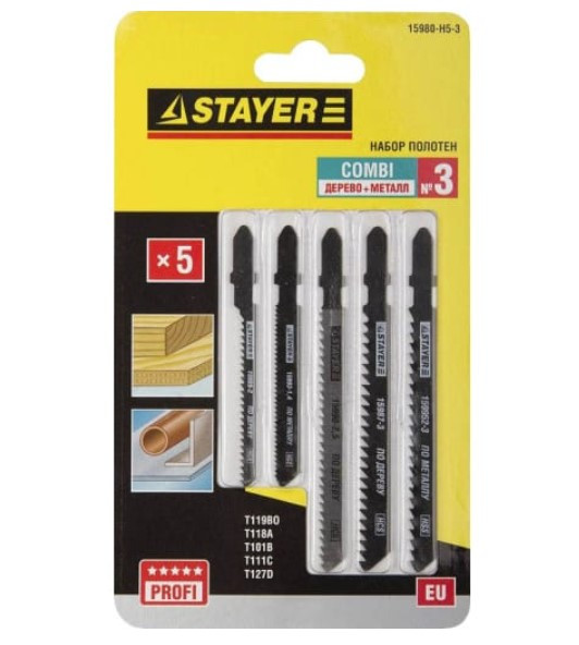 STAYER Набор полотен № 3 для эл/лобзика, по дереву, металлу и пластику, T-хвост., 5шт