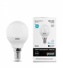 Gauss Elementary лампа шар LED 6W E14 белый