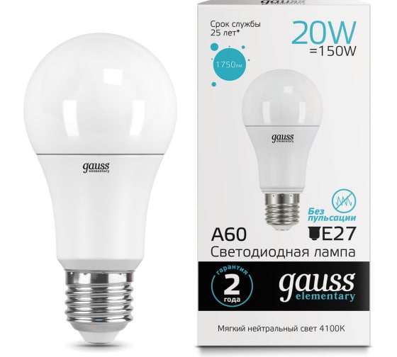Gauss Elementary лампа светодиодная А60 20W E27 4500K