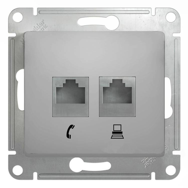 SE Glossa Алюминий Розетка 2-я RJ11+RJ45, кат.5E