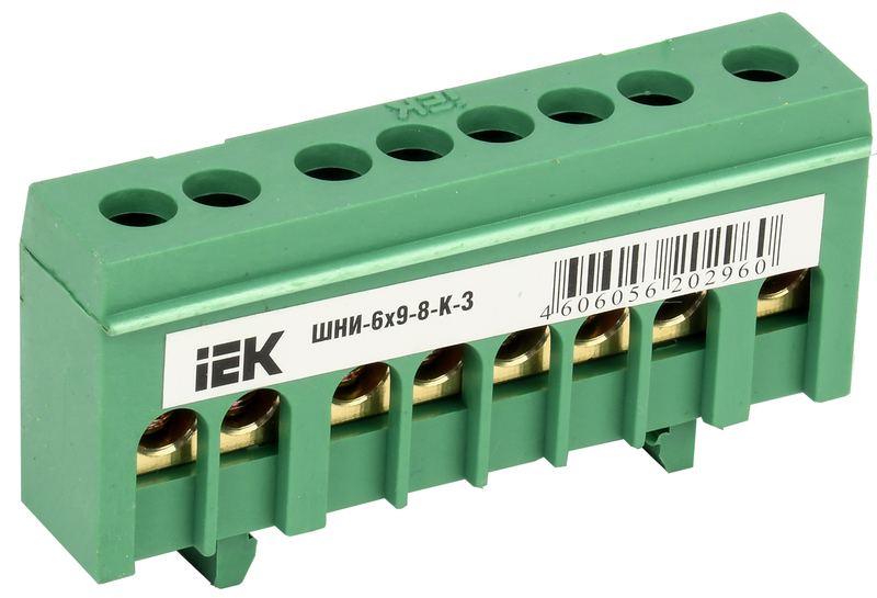 Шина ЗЕМЛЯ в корпусе на DIN-изолятор 8гр. IEK (зелёная)