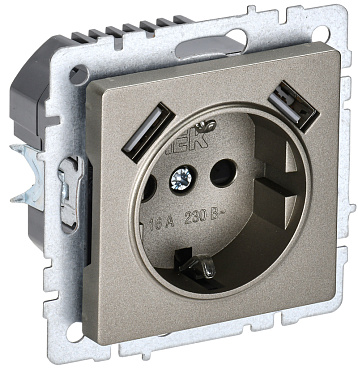 IEK BRITE Шампань Розетка 1-ая с/з защ. шторки 16А с USB A+A 2,1А